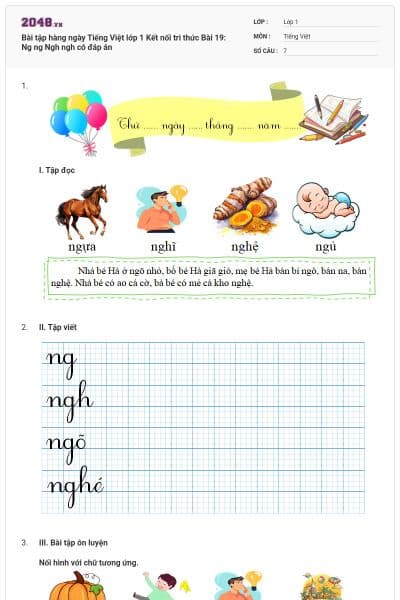 Bài tập hàng ngày Tiếng Việt lớp 1 Kết nối tri thức Bài 19: Ng ng Ngh ngh có đáp án