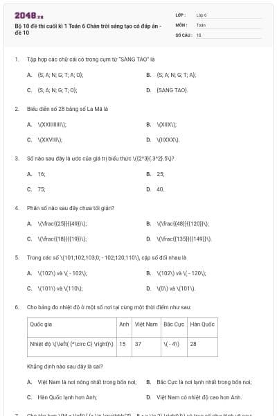 Bộ 10 đề thi cuối kì 1 Toán 6 Chân trời sáng tạo có đáp án - đề 10