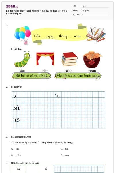 Bài tập hàng ngày Tiếng Việt lớp 1 Kết nối tri thức Bài 21: R r S s có đáp án