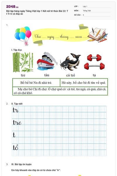 Bài tập hàng ngày Tiếng Việt lớp 1 Kết nối tri thức Bài 22: T t Tr tr có đáp án