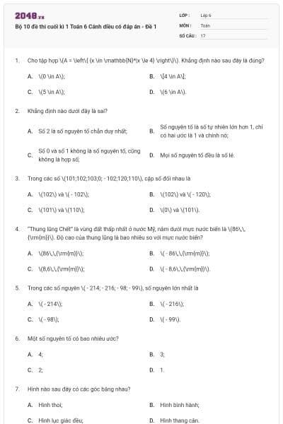 Bộ 10 đề thi cuối kì 1 Toán 6 Cánh diều có đáp án - Đề 1