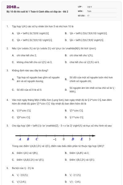 Bộ 10 đề thi cuối kì 1 Toán 6 Cánh diều có đáp án - Đề 2