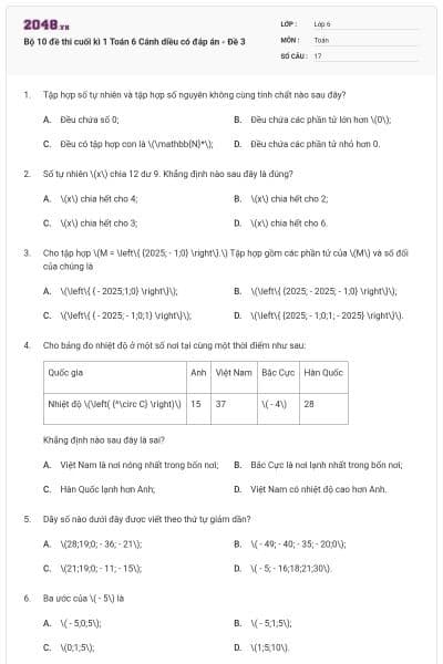 Bộ 10 đề thi cuối kì 1 Toán 6 Cánh diều có đáp án - Đề 3