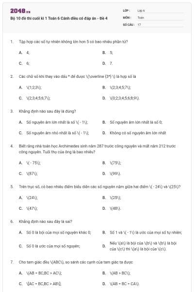 Bộ 10 đề thi cuối kì 1 Toán 6 Cánh diều có đáp án - Đề 4
