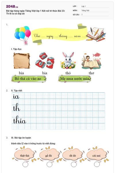 Bài tập hàng ngày Tiếng Việt lớp 1 Kết nối tri thức Bài 23: Th th ia có đáp án