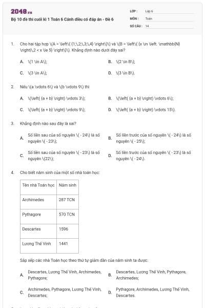 Bộ 10 đề thi cuối kì 1 Toán 6 Cánh diều có đáp án - Đề 6