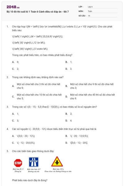 Bộ 10 đề thi cuối kì 1 Toán 6 Cánh diều có đáp án - Đề 7