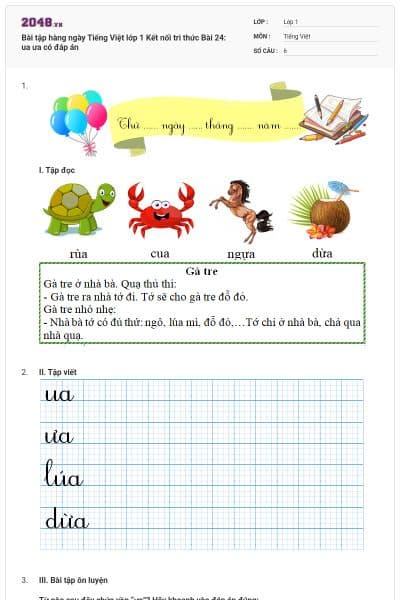 Bài tập hàng ngày Tiếng Việt lớp 1 Kết nối tri thức Bài 24: ua ưa có đáp án