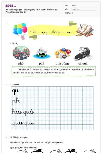 Bài tập hàng ngày Tiếng Việt lớp 1 Kết nối tri thức Bài 26: Ph ph Qu qu có đáp án