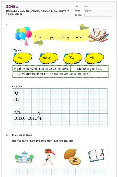 Bài tập hàng ngày Tiếng Việt lớp 1 Kết nối tri thức Bài 27: V v X x có đáp án
