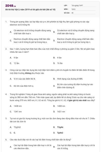 Đề thi thử Vật Lí năm 2019 có lời giải chi tiết (Đề số 18)