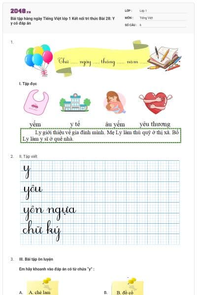 Bài tập hàng ngày Tiếng Việt lớp 1 Kết nối tri thức Bài 28: Y y có đáp án