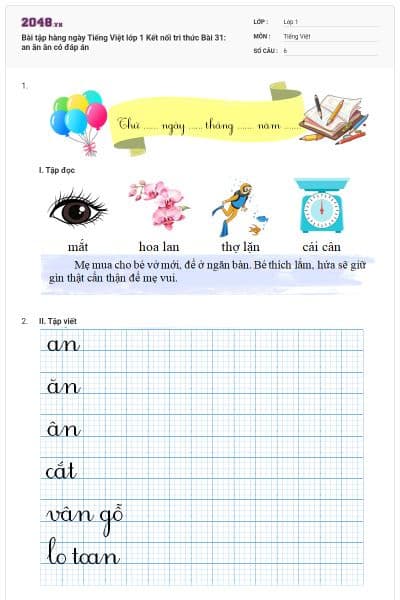 Bài tập hàng ngày Tiếng Việt lớp 1 Kết nối tri thức Bài 31: an ăn ân có đáp án