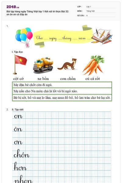 Bài tập hàng ngày Tiếng Việt lớp 1 Kết nối tri thức Bài 32: on ôn ơn có đáp án