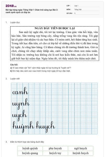 Bài tập hàng ngày Tiếng Việt 1 Chân trời sáng tạo Bài 3: oanh uynh uych có đáp án