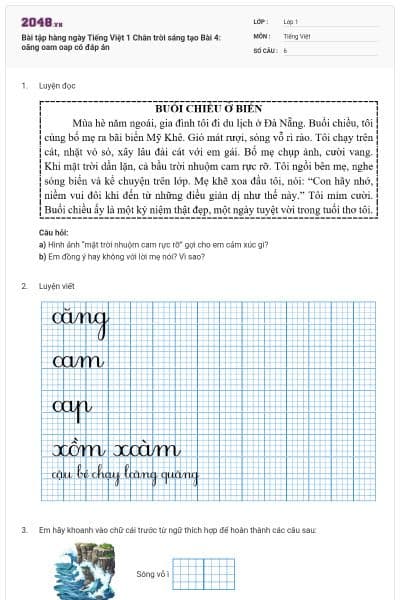 Bài tập hàng ngày Tiếng Việt 1 Chân trời sáng tạo Bài 4: oăng oam oap có đáp án