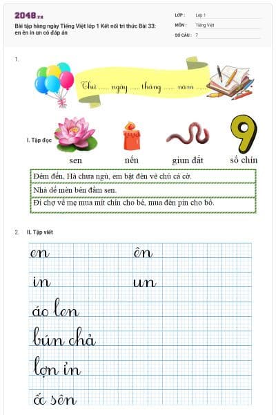 Bài tập hàng ngày Tiếng Việt lớp 1 Kết nối tri thức Bài 33: en ên in un có đáp án