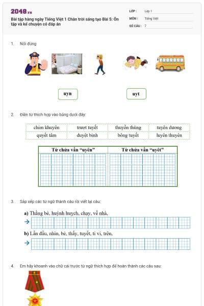 Bài tập hàng ngày Tiếng Việt 1 Chân trời sáng tạo Bài 5: Ôn tập và kể chuyện có đáp án