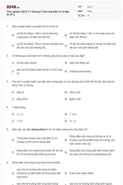 Trắc nghiệm Vật lý 11 chương 5 Cảm ứng điện từ có đáp án (P1)