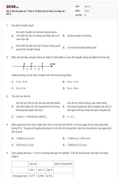 Bộ 3 đề thi giữa kì 1 Vật lí 10 Kết nối tri thức có đáp án - Đề 3