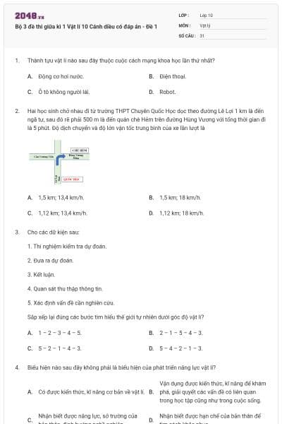 Bộ 3 đề thi giữa kì 1 Vật lí 10 Cánh diều có đáp án - Đề 1