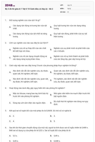 Bộ 3 đề thi giữa kì 1 Vật lí 10 Cánh diều có đáp án - Đề 2