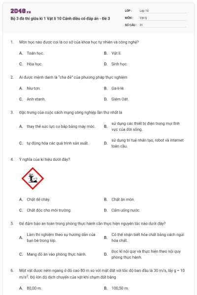 Bộ 3 đề thi giữa kì 1 Vật lí 10 Cánh diều có đáp án - Đề 3