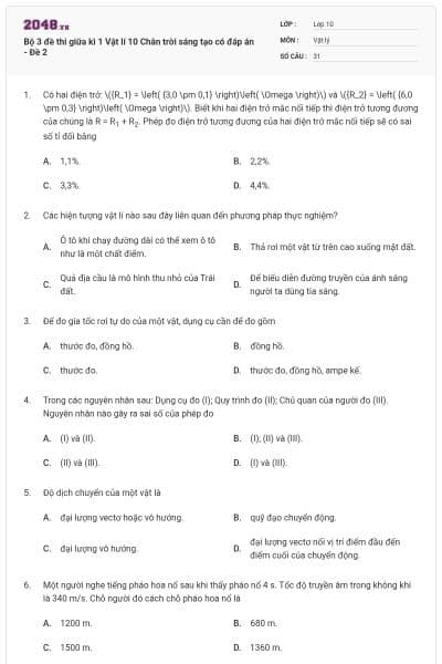 Bộ 3 đề thi giữa kì 1 Vật lí 10 Chân trời sáng tạo có đáp án - Đề 2
