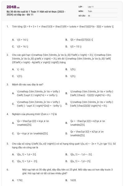 Bộ 30 đề thi cuối kì 1 Toán 11 Kết nối tri thức (2023 - 2024) có đáp án - Đề 11