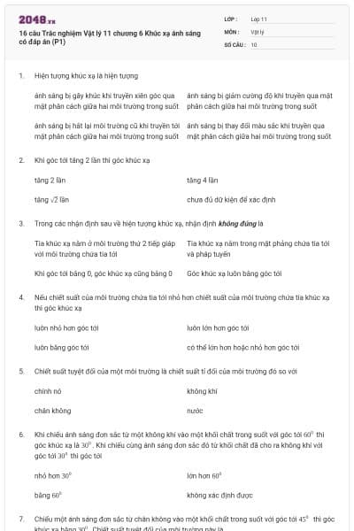 16 câu Trắc nghiệm Vật lý 11 chương 6 Khúc xạ ánh sáng có đáp án (P1)