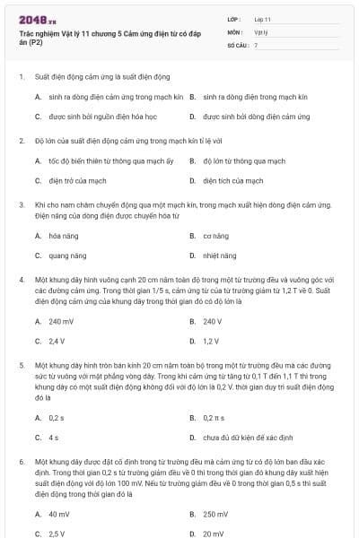 Trắc nghiệm Vật lý 11 chương 5 Cảm ứng điện từ có đáp án (P2)