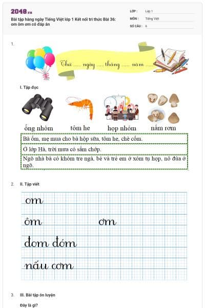 Bài tập hàng ngày Tiếng Việt lớp 1 Kết nối tri thức Bài 36: om ôm ơm có đáp án