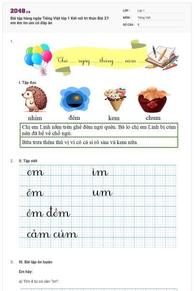 Bài tập hàng ngày Tiếng Việt lớp 1 Kết nối tri thức Bài 37: em êm im um  có đáp án