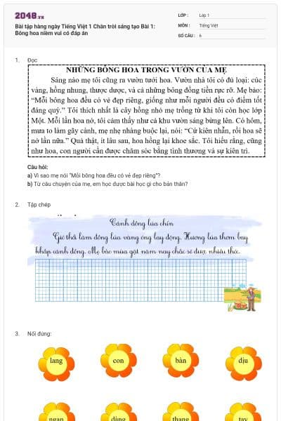 Bài tập hàng ngày Tiếng Việt 1 Chân trời sáng tạo Bài 1: Bông hoa niềm vui có đáp án