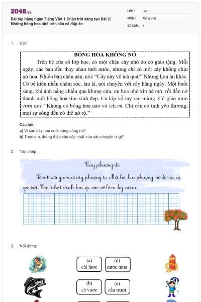 Bài tập hàng ngày Tiếng Việt 1 Chân trời sáng tạo Bài 2: Những bông hoa nhỏ trên sân có đáp án