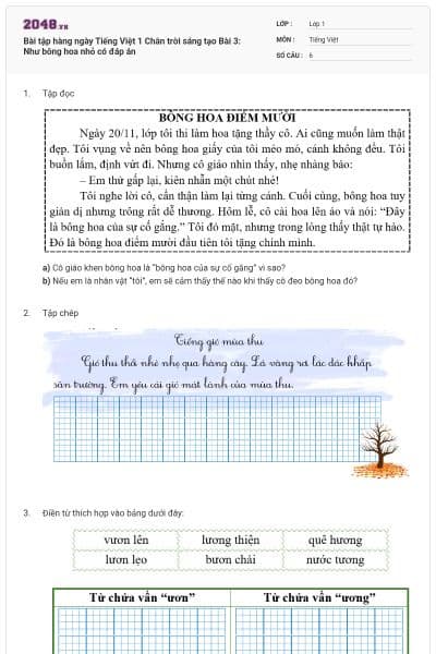 Bài tập hàng ngày Tiếng Việt 1 Chân trời sáng tạo Bài 3: Như bông hoa nhỏ có đáp án