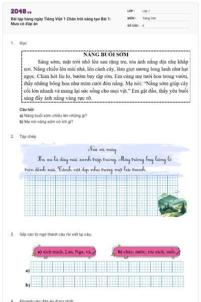 Bài tập hàng ngày Tiếng Việt 1 Chân trời sáng tạo Bài 1: Mưa có đáp án