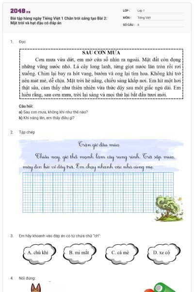 Bài tập hàng ngày Tiếng Việt 1 Chân trời sáng tạo Bài 2: Mặt trời và hạt đậu có đáp án