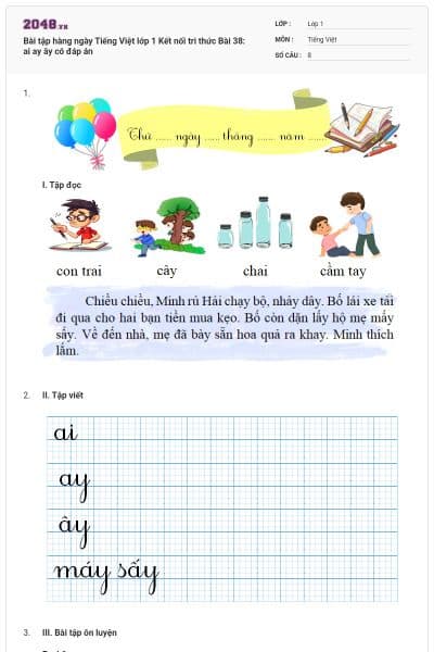 Bài tập hàng ngày Tiếng Việt lớp 1 Kết nối tri thức Bài 38: ai ay ây có đáp án