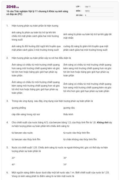 16 câu Trắc nghiệm Vật lý 11 chương 6 Khúc xạ ánh sáng có đáp án (P2)