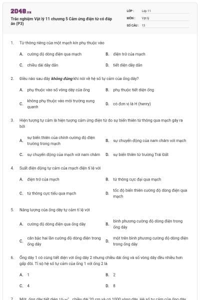 Trắc nghiệm Vật lý 11 chương 5 Cảm ứng điện từ có đáp án (P3)