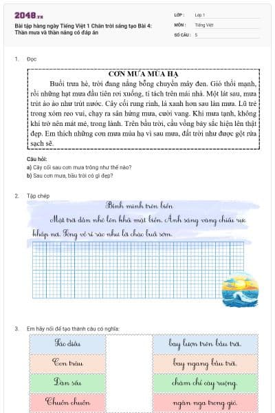 Bài tập hàng ngày Tiếng Việt 1 Chân trời sáng tạo Bài 4: Thần mưa và thần nắng có đáp án