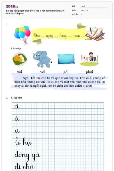 Bài tập hàng ngày Tiếng Việt lớp 1 Kết nối tri thức Bài 39: oi ôi ơi có đáp án