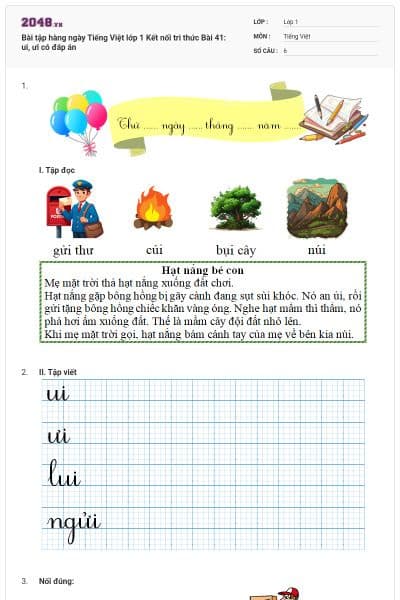 Bài tập hàng ngày Tiếng Việt lớp 1 Kết nối tri thức Bài 41: ui, ưi có đáp án