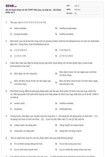 Đề thi tham khảo ôn thi THPT Hóa học có đáp án - Đề tham khảo số 2