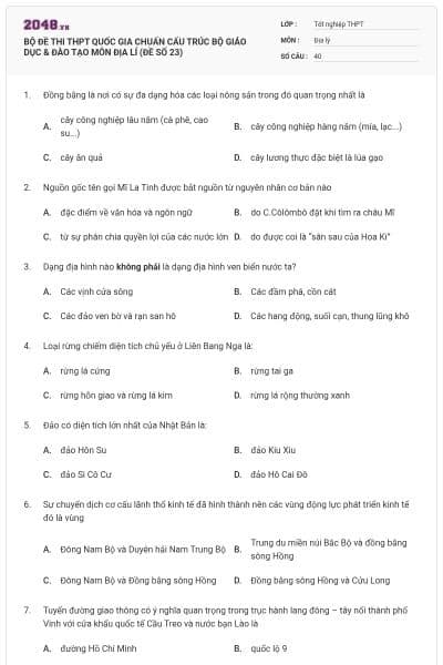 BỘ ĐỀ THI THPT QUỐC GIA CHUẨN CẤU TRÚC BỘ GIÁO DỤC & ĐÀO TẠO MÔN ĐỊA LÍ (ĐỀ SỐ 23)