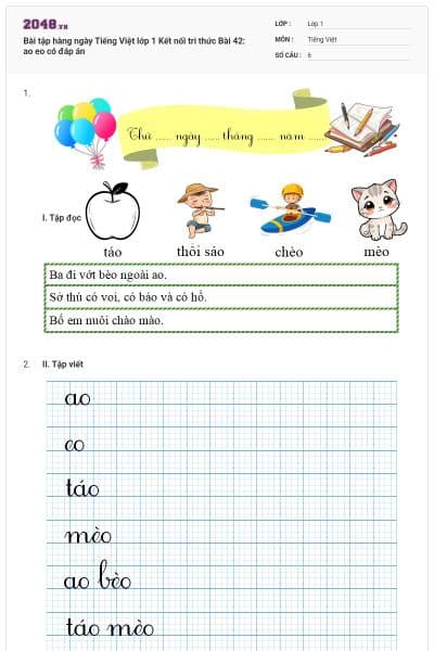 Bài tập hàng ngày Tiếng Việt lớp 1 Kết nối tri thức Bài 42: ao eo có đáp án