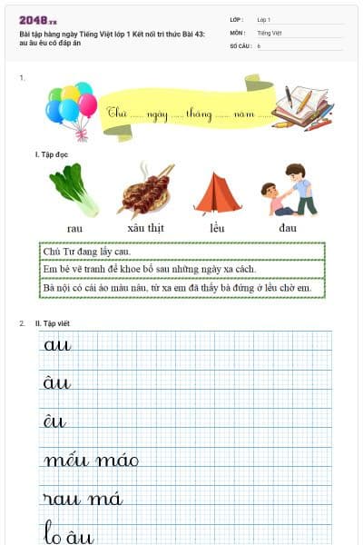 Bài tập hàng ngày Tiếng Việt lớp 1 Kết nối tri thức Bài 43: au âu êu có đáp án
