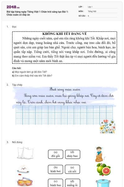 Bài tập hàng ngày Tiếng Việt 1 Chân trời sáng tạo Bài 1: Chào xuân có đáp án