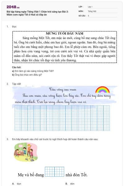 Bài tập hàng ngày Tiếng Việt 1 Chân trời sáng tạo Bài 3: Mâm cơm ngày Tết ở Huế có đáp án